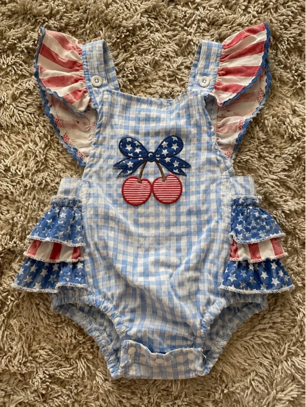 0-3M Patriotic Cherry Gingham Bubble Romper | Ruffle Sleeves